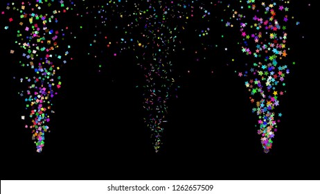 Colorful Paper Shoot, Celebration On Black, Shooting Confetti Paper Shoot, Twisted Ribbon, And Element Particle For Holiday Party And Celebration Decoration Concept In Black