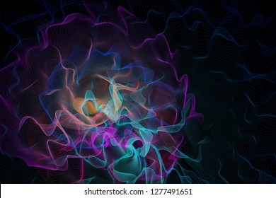 Colorful Partical Line Abstraction On Black Background. 3D Illustration Emotion Of Motion In Space, Fractal, Twisted Waves.