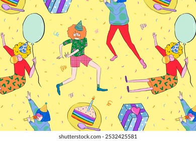 Colorful party pattern with balloons, cake, and gifts. Cartoon characters dance and celebrate. Festive, vibrant, and playful design with balloons and cake. Celebration background illustration. - Powered by Shutterstock