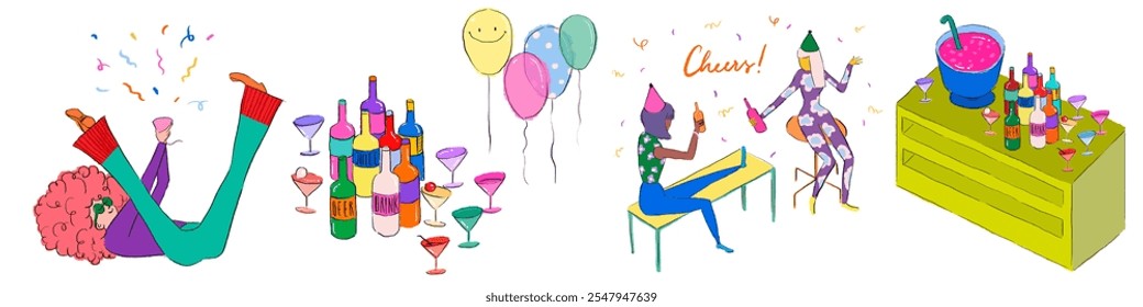 Colorful party scene with diverse people celebrating. Balloons, drinks, and laughter. Festive, joyful, and vibrant party atmosphere with friends. Funky party illustrations isolated on white. - Powered by Shutterstock