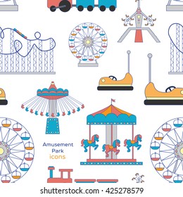 Colorful pattern amusement park or funfair attraction icons