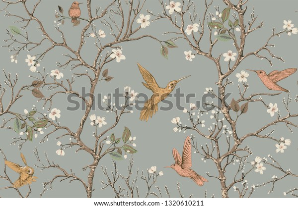Colorful pattern with birds and flowers. Hummingbirds and flowers, retro style, floral backdrop. Spring, summer flower design for wrapping paper, cover, textile, fabric, wallpaper.