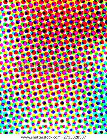 A colorful pattern of closely packed halftone dots in various colors including red, pink, blue,...