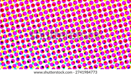 A colorful pattern of densely packed halftone dots in various sizes and colors, including pink,...