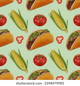 A colorful pattern featuring tacos, corn, tomatoes, and green onions on a Pastel Green background. The tacos are filled with beans and vegetables, creating a vibrant food design.
