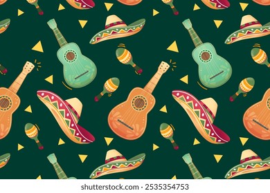 Colorful pattern with guitars, sombreros, and maracas background. Guitars and sombreros repeat, creating a festive, musical theme. Maracas add rhythm to the vibrant background design. - Powered by Shutterstock