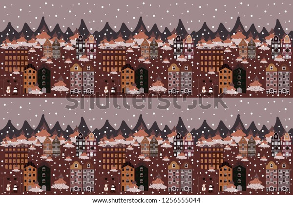 Colorful pattern with house, trees, snowman,\
mountains and hills. Raster. Perfect for kids fabric, nursery\
wallpaper. Illustration on brown, gray and neutral colors. Nice\
nature landscape\
concept.