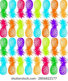 A colorful pattern of multiple pineapples in various bright hues