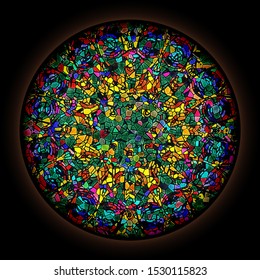 Colorful Pattern In Style Of Gothic Stained Glass Window With Round Frame. Abstract Floral Ornament.