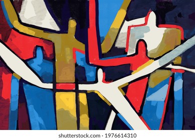 Colorful People Abstract Neoplasticism And Cubism Art Style. Painting With Primary Color In Mondrian Style With Abstract People. For Print And Wall Art.