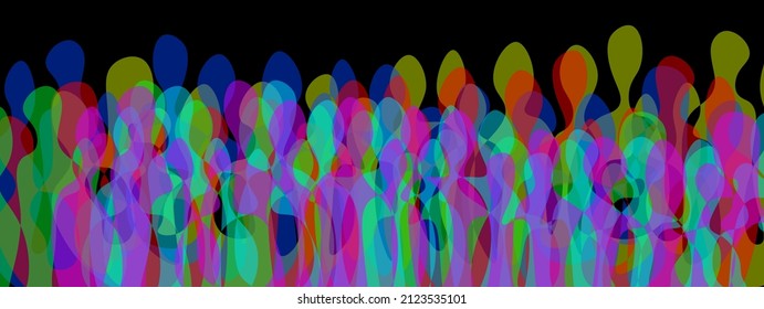 Colorful People silhouette Diversity and Togetherness concept. Multi Colours Transparent Persons Abstract on black Background