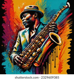 Colorful performance of musician. Jazz poster of saxophone.oil painting - Powered by Shutterstock