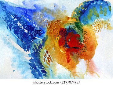 Colorful Pheasant. Pheasant With Spread Wings. Watercolor Painting.