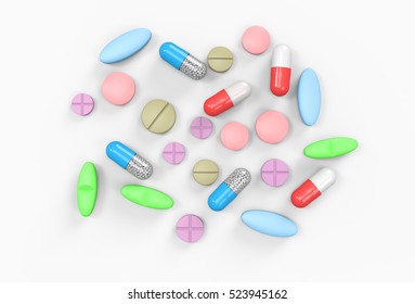 Colorful Pills and Capsules isolated on white background. 3D illustration