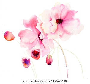 Colorful Pink Flowers, Watercolor Illustration