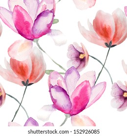 Colorful pink flowers, watercolor illustration, seamless pattern 