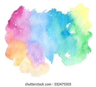 Colorful Pink Violet Purple Blue Green Orange Yellow Watercolor Hand Drawn Isolated Blot On White Background. Wet Brush Painted Stylized Rainbow Paper Texture. Abstract Vivid Artistic Illustration