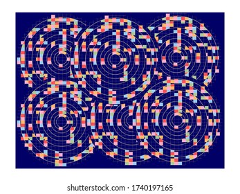 colorful pixel on golden circle with blue background. illustration