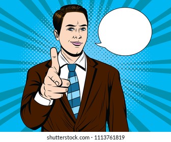 Colorful pop art illustration of businessman finger pointing on you. Handsome guy in suit recruit  - Powered by Shutterstock