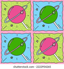 Colorful Pop Art Pink, Blue, Green Candy Planet.