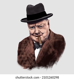 A colorful portrait of Winston Churchill. Historical portrait