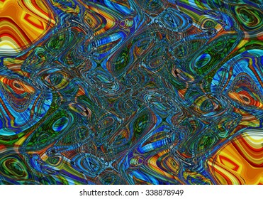 Colorful psychedelic background made of interweaving curved shapes. Illustration