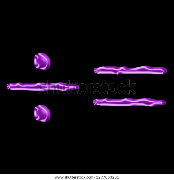 Colorful purple glass equals and division
symbol math signs in a 3D illustration with purple color shiny
plastic effect & beveled edge in a jagged edge style font type
on a black
background