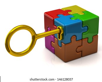 Colorful Puzzle Cube With Golden Key.