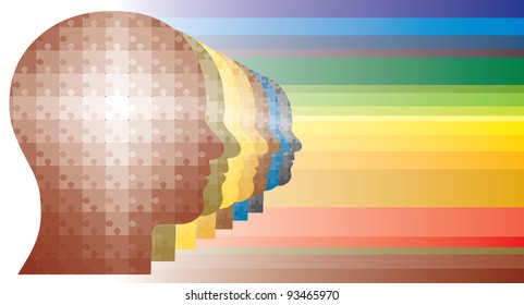 Colorful puzzle heads men in row in rainbow like colors 