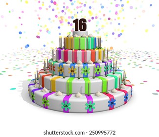 Colorful rainbow cake - on top number 16 - Powered by Shutterstock