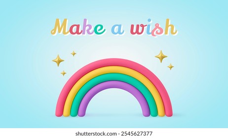 Colorful rainbow with 'Make a wish' text. Bright rainbow, cheerful rainbow, and magical rainbow with stars on a light blue background. Colorful make a wish. - Powered by Shutterstock