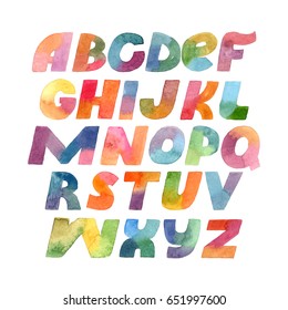 Colorful Raster Bold Letters Hand Drawn With Brush And Gradient Watercolor Isolated On White Background. Large Font Illustration With Letters Sequence From A To Z In Bright Colors. English Characters