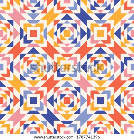 Colorful raster geometric seamless pattern. Simple abstract texture with triangles, squares, diamonds, kaleidoscope. Funky abstract ornament. Cute background. Repeat design for wallpaper, print, wrap