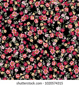 Colorful Red  Floral With Rose Flowers Pattern, Watercolor Hand Drawing Style On Black Background