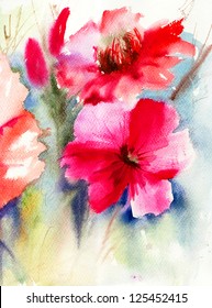 Colorful Red Flowers, Watercolor Painting