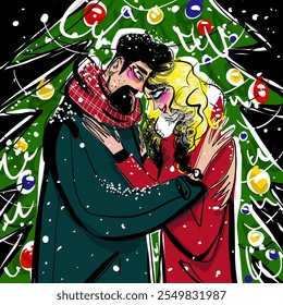 A colorful reportage-style sketch of a man and woman embracing on a snowy street beneath a beautifully decorated Christmas tree. Black outline, festive colors, capturing warmth and holiday love. - Powered by Shutterstock