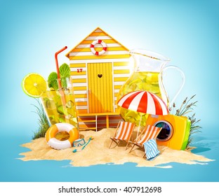 Colorful retro beach hut , lemonade, deck chairs on a beach. Unusual summer 3D illustration - Powered by Shutterstock