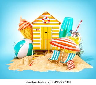 Colorful retro beach hut , lemonade, deck chairs and ice cream on a summer beach. Unusual summer 3D illustration. Travel and vacation concept. - Powered by Shutterstock