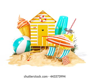 Colorful retro beach hut , lemonade, deck chairs and ice cream on a beach. Unusual summer 3D illustration. Isolated at white background - Powered by Shutterstock