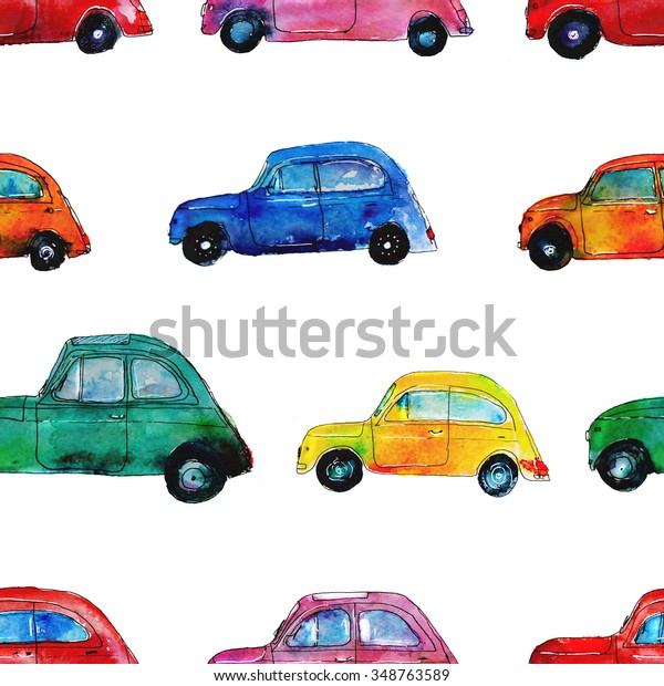colorful retro\
cars pattern, hand drawn\
watercolor