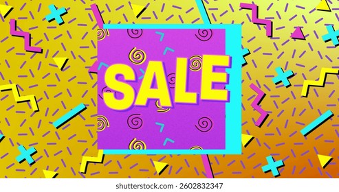 Colorful retro-style sale banner with bold text and geometric patterns. Vintage, discount, vibrant, graphic design, promotion, advertisement