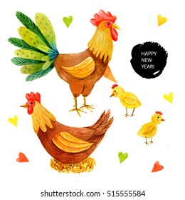 Colorful rooster with family, New Year card, Chinese New Year, watercolor 2017