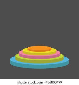 Colorful Round Stage Podium. Empty Pedistal For Display. 3d Realistic Platform For Design. Isolated. Black Background. Template. Flat Design.