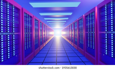 Colorful row of hosting server racks in blue pink color. Perspective view image. 3D rendering illustration image.