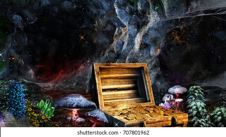 Colorful scene with treasure chest, mushrooms and crystals. 3D illustration.