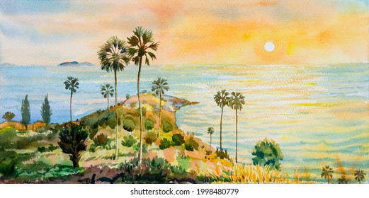 Colorful sea summer watercolor painting on paper seascape paintings of Laem Phromthep Phuket famous landmarks in Thailand with sunlight sunset background. Abstract texture image art for background.