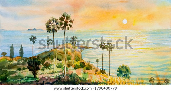 Colorful sea summer watercolor painting on paper seascape paintings of Laem Phromthep Phuket famous landmarks in Thailand with sunlight sunset background. Abstract texture image art for wall decoration.