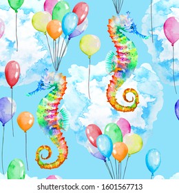 Colorful seahorse, multicolored balloons and cloud on blue background, hand drawn watercolor illustration. Seamless pattern.