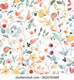 Colorful seamless floral pattern with abstract flowers, leaves and berries. Watercolor print in rustic vintage style, textile or wallpapers in provence style isolated on white background.