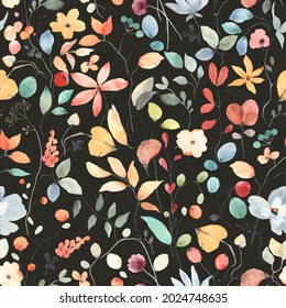 Colorful Seamless Floral Pattern With Abstract Flowers, Leaves And Berries. Watercolor Print In Rustic Vintage Style, Textile Or Wallpapers In Provence Style Isolated On Dark Background.